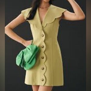 Maeve Scalloped Button-Down Mini Dress in Sour Apple Green, Size XS